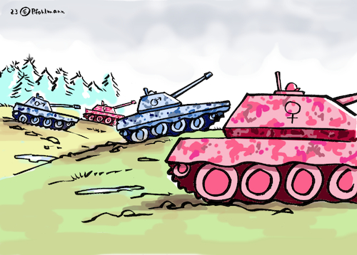 Cartoon: Quotenpanzer (medium) by Pfohlmann tagged außenpolitik,feminin,weiblich,feminismus,außenministerin,baerbock,grüne,frauen,männer,krieg,ukraine,panzer,waffenlieferungen,leopard,russland,militarismus,gleichberechtigung,soldaten,militär,bundeswehr,ampel,bundesregierung,außenpolitik,feminin,weiblich,feminismus,außenministerin,baerbock,grüne,frauen,männer,krieg,ukraine,panzer,waffenlieferungen,leopard,russland,militarismus,gleichberechtigung,soldaten,militär,bundeswehr,ampel,bundesregierung