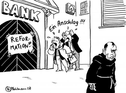 Cartoon: Reformation (medium) by Pfohlmann tagged reformation,thesen,horst,köhler,bundespräsident,rede,bank,bankenkrise,martin,luther,anschlag,reformation,thesen,horst köhler,bundespräsident,rede,bank,banken,bankenkrise,finanzkrise,wirtschaft,wirtschaftskrise,martin luther,anschlag,geld,finanzen,horst,köhler,martin,luther