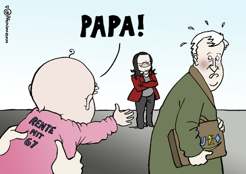 Cartoon: Rentenbalg (medium) by Pfohlmann tagged karikatur,color,farbe,2012,deutschland,seehofer,csu,union,rente,67,nahles,spd,baby,kind,vater,vaterschaft,papa,rentenkürzung,rentenversicherung,demographie,alterung,rentenanspruch,länger,arbeiten,lebensarbeitszeit,rentenalter,2012,deutschland,seehofer,csu,union,rente,spd,vaterschaft