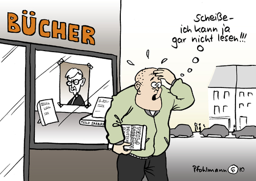 Cartoon: Sarrazin-Leser (medium) by Pfohlmann tagged sarrazin,buch,bestseller,integration,neonazi,rechts,rechte,lesen,buchhandlung,skin,thilo sarrazin,buch,bestseller,integration,neonazi,rechte,lesen,buchhandlung,skin,rechts,rassismus,bücher,literatur,thilo,sarrazin