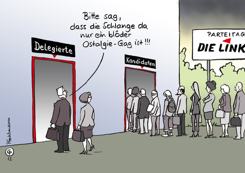 Cartoon: Schlange stehen (medium) by Pfohlmann tagged karikatur,color,farbe,2012,deutschland,linke,linkspartei,parteitag,wahlen,vorstand,vorsitzende,vorsitzender,parteivorsitz,parteispitze,kandidaten,kandidatur,kampfabstimmung,krise,bruch,delegierte,schlange,schlangestehen,ddr,ostalgie,erinnerung,2012,deutschland,linke,linkspartei,wahlen,parteitag,delegierte,ddr,ostalgie