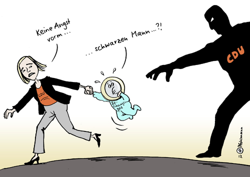 Cartoon: Schwarzer Mann (medium) by Pfohlmann tagged karikatur,color,farbe,2012,deutschland,schröder,kristina,cdu,schwarzer,mann,betreuungsgeld,gesetz,herdprämie,familienpolitik,kinderbetreuung,widerstand,koalitionsvertrag,gesetzentwurf,baby,kleinkind,angst,2012,deutschland,schröder,schwarzer,betreuungsgeld,gesetz,herdprämie