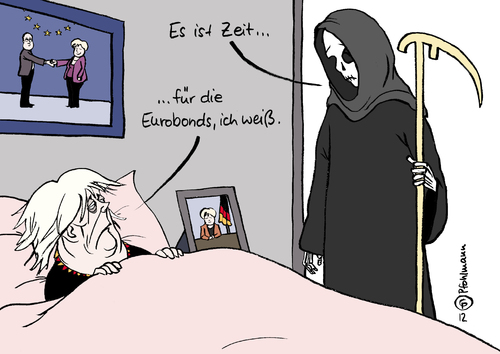 Cartoon: Sensenmann (medium) by Pfohlmann tagged karikatur,color,farbe,2012,deutschland,merkel,bundeskanzlerin,eurobonds,tod,leben,sensenmann,sterben,sterbebett,schulden,haftung,mitgliedsländer,widerstand,eu,europa,eurokrise,rettungsschirm,reformen,2012,deutschland,merkel,bundeskanzlerin,eurobonds,sensenmann