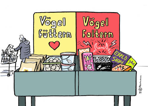 Cartoon: Silvester Wildvögel (medium) by Pfohlmann tagged silvester,böller,jahreswechsel,raketen,lärm,umwelt,tierschutz,tierquälerei,explosionen,vogelfutter,supermarkt,konsumenten,einkauf,silvester,böller,jahreswechsel,raketen,lärm,umwelt,tierschutz,tierquälerei,explosionen,vogelfutter,supermarkt,konsumenten,einkauf