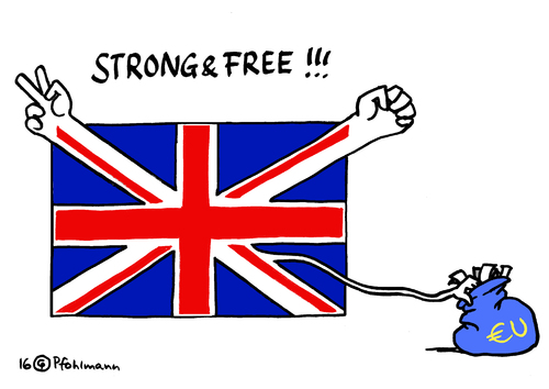 Cartoon: Strong and Free (medium) by Pfohlmann tagged karikatur,cartoon,2016,color,farbe,euro,eu,brexit,referendum,ergebnis,großbritannien,vorteile,verhandlungen,subventionen,rosinen,volksabstimmung,geld,etat,flagge,fahne,karikatur,cartoon,2016,color,farbe,euro,eu,brexit,referendum,ergebnis,großbritannien,vorteile,verhandlungen,subventionen,rosinen,volksabstimmung,geld,etat,flagge,fahne