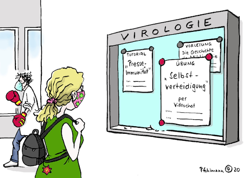 Cartoon: Stundenplan Virologie (medium) by Pfohlmann tagged 2020,deutschland,wissenschaft,virologie,virologe,drosten,stundenplan,universität,selbstverteidigung,angriff,presse,pr,bild,bildzeitung,wissenschaftler,internet,twitter,studium,studenten,studierende,studentin,ausbildung,drohungen,aggressivität,socialmedia,2020,deutschland,wissenschaft,virologie,virologe,drosten,stundenplan,universität,selbstverteidigung,angriff,presse,pr,bild,bildzeitung,wissenschaftler,internet,twitter,studium,studenten,studierende,studentin,ausbildung,drohungen,aggressivität,socialmedia