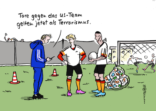 Cartoon: Terror-Tore (medium) by Pfohlmann tagged fußball,wm,weltmeisterschaft,nationalmannschaft,tore,fifa,usa,trump,terrorismus,narzissmus,präsident,spielregeln,trainer,deutschland,nagelsmann,fußball,wm,weltmeisterschaft,nationalmannschaft,tore,fifa,usa,trump,terrorismus,narzissmus,präsident,spielregeln,trainer,deutschland,nagelsmann