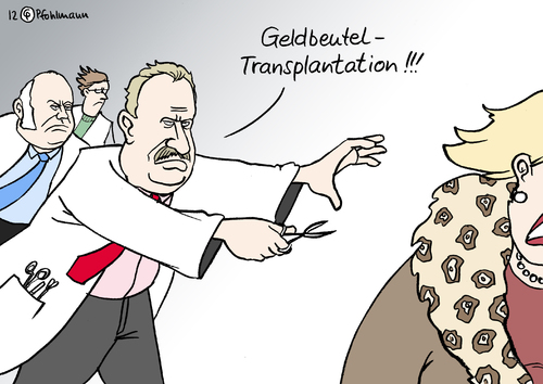 Cartoon: Transplantation (medium) by Pfohlmann tagged karikatur,color,farbe,2012,deutschland,transplantation,organtransplantation,organspende,medizin,skandal,vermögenssteuer,reichenabgabe,bsirske,schneider,verdi,gewerkschaft,gewerkschaften,paritätischer,wohlfahrtsverband,wohlfahrtsverbände,geldbeutel,portemonnaie,brieftasche,schere,op,operation,arm,reich,sozialpolitik,gerechtigkeit,ungerechtigkeit,ausgleich,2012,deutschland,transplantation,organtransplantation,organspende,medizin,skandal