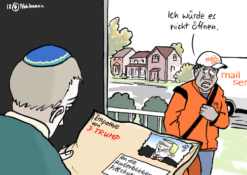 Cartoon: Trumps Empathiebrief (medium) by Pfohlmann tagged karikatur,cartoon,farbe,color,2018,usa,attentat,schießerei,synagoge,pittsburgh,trump,empathie,briefe,post,päckchen,briefträger,hinterbliebene,juden,antisemit,antisemitismus,waffen,waffengesetze,anschlag,anschläge,kritiker,wahlkampf,kongresswahlen,karikatur,cartoon,farbe,color,2018,usa,attentat,schießerei,synagoge,pittsburgh,trump,empathie,briefe,post,päckchen,briefträger,hinterbliebene,juden,antisemit,antisemitismus,waffen,waffengesetze,anschlag,anschläge,kritiker,wahlkampf,kongresswahlen