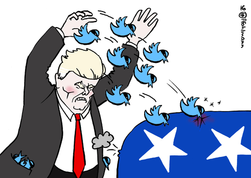 Cartoon: Trumps Twitterattacke (medium) by Pfohlmann tagged karikatur,cartoon,2016,color,farbe,usa,trump,twitter,vögel,kandidat,republikaner,präsidentschaftswahl,wahlkampf,unterstützung,elefant,rückzug,partei,parteifreunde,distanzierung,karikatur,cartoon,2016,color,farbe,usa,trump,twitter,vögel,kandidat,republikaner,präsidentschaftswahl,wahlkampf,unterstützung,elefant,rückzug,partei,parteifreunde,distanzierung