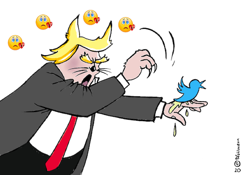 Cartoon: Twitter-Liebeskummer (medium) by Pfohlmann tagged 2020,usa,trump,twitter,liebeskummer,emoji,smiley,fake,news,social,media,vogel,katze,2020,usa,trump,twitter,liebeskummer,emoji,smiley,fake,news,social,media,vogel,katze