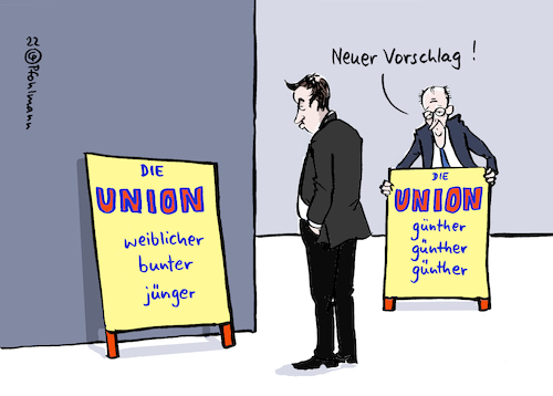 Cartoon: Union wird günther (medium) by Pfohlmann tagged union,cdu,csu,merz,söder,partei,günther,landtagswahl,schleswig,holstein,ministerpräsident,marketing,wahlplakat,wahlkampf,union,cdu,csu,merz,söder,partei,günther,landtagswahl,schleswig,holstein,ministerpräsident,marketing,wahlplakat,wahlkampf