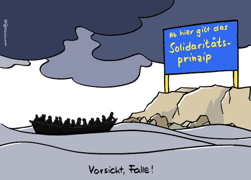 Cartoon: Vorsicht Solidarität (medium) by Pfohlmann tagged europa,asyl,solidarität,flucht,flüchtlinge,außengrenzen,mittelmeer,migration,missverständnis,täuschung,europa,asyl,solidarität,flucht,flüchtlinge,außengrenzen,mittelmeer,migration,missverständnis,täuschung