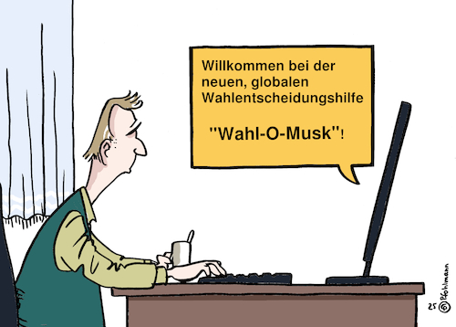 Cartoon: Wahl-O-Mat 2 (medium) by Pfohlmann tagged wahlomat,wahlhilfe,bundestagswahl,musk,demokratie,einmischung,technologie,multimilliardär,usa,wähler,wählerinnen,parteien,macht,reichtum,algorithmus,wahlomat,wahlhilfe,bundestagswahl,musk,demokratie,einmischung,technologie,multimilliardär,usa,wähler,wählerinnen,parteien,macht,reichtum,algorithmus