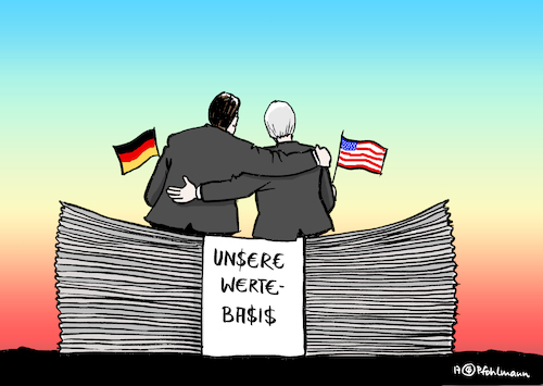 Cartoon: Wertebasis (medium) by Pfohlmann tagged karikatur,cartoon,2017,color,farbe,usa,deutschland,gabriel,außenminister,besuch,staatsbesuch,tillerson,amtskollege,sonnenuntergang,freundschaft,partnerschaft,wertebasis,profit,kapitalismus,geld,euro,dollar,fahnen,flaggen,geldscheine,banknoten,karikatur,cartoon,2017,color,farbe,usa,deutschland,gabriel,außenminister,besuch,staatsbesuch,tillerson,amtskollege,sonnenuntergang,freundschaft,partnerschaft,wertebasis,profit,kapitalismus,geld,euro,dollar,fahnen,flaggen,geldscheine,banknoten