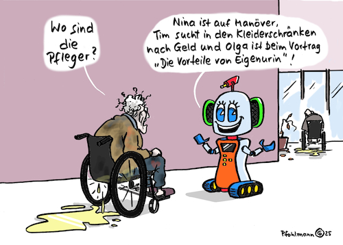 Cartoon: Wo sind Pfleger (medium) by Pfohlmann tagged pflege,pflegekrise,pfleger,pflegenotstand,finanzen,haushalt,pleite,senioren,pflegeheim,pflegeroboter,pflegekasse,pflegeversicherung,eigenurin,zeitenwende,militarisierung,manöver,krieg,kriegstüchtig,pflege,pflegekrise,pfleger,pflegenotstand,finanzen,haushalt,pleite,senioren,pflegeheim,pflegeroboter,pflegekasse,pflegeversicherung,eigenurin,zeitenwende,militarisierung,manöver,krieg,kriegstüchtig