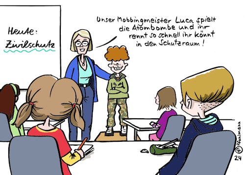 Cartoon: Zivilschutz in Schulen (medium) by Pfohlmann tagged zivilschutz,atombombe,krisen,schule,bildung,schulkinder,schüler,schülerinnen,krieg,katastrophen,katastrophenschutz,zivilschutz,atombombe,krisen,schule,bildung,schulkinder,schüler,schülerinnen,krieg,katastrophen,katastrophenschutz