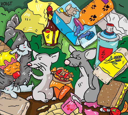 Cartoon: Abfall Müll Ratten (medium) by sabine voigt tagged abfall,müll,ratten,müllabfuhr,schädlinge,nagetiere,verschmutzung,kammerjäger,gift,verwahrlosung,befall,umweltschutz,dreck