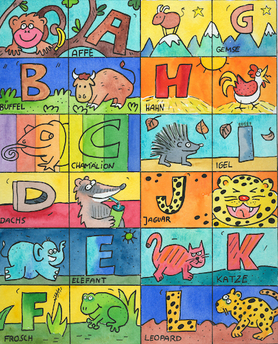 Cartoon: Buchstaben Rätsel (medium) by sabine voigt tagged alphabet,buchstaben,kinder,rätsel,kindergarten,grundschule,tiere,spiel