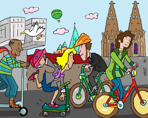 Cartoon: ebike scooter roller fahrrad (medium) by sabine voigt tagged bike,elektro,fahrrad,köln,energie,umwelt,mobilität,verkehr,ökologie,umweltschutz