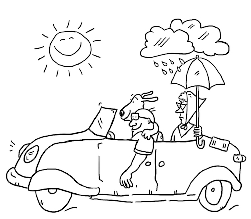Cartoon: Ehe Ausflug (medium) by sabine voigt tagged ehe,ausflug,reise,wetter,regen,hund,laune,ärger,wut,freude,emotionen,paar,scheidung