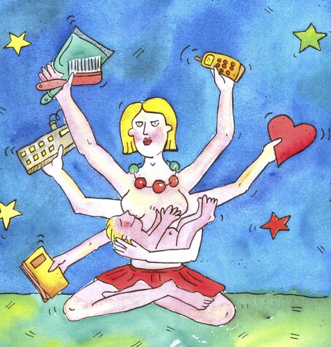 Cartoon: frau superfrau (medium) by sabine voigt tagged frau,supergrau,erziehung,ehe,genre,gleichberechtigung,shiva,mutter,familie,beruf,stress,belastung