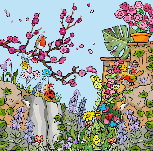 Cartoon: Garten Blumen (medium) by sabine voigt tagged kirschblüte,kirschen,bluten,sommer,blühen,garten,rotkehlchen,natur,baum,pflanze,vogel