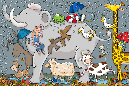 Cartoon: Herbst Regen (medium) by sabine voigt tagged herbst,regen,laub,erkältung,wetter,kälte,tiere,elefant,kuh,pfützen,jahreszeiten,freundschaft,regenschirm,schutz,medikamente,vitamine