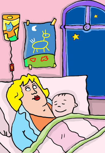 Cartoon: Mutter mit Baby (medium) by sabine voigt tagged mutter,baby,kind,nacht,schlafen,schlafzimmer,stillen,träumen