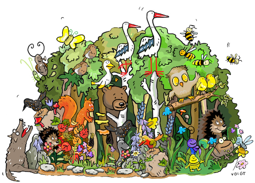 Cartoon: Naturwald Wald (medium) by sabine voigt tagged naturwald,wald,ökologie,naturschutz,tiere,wolf,bär,vögel