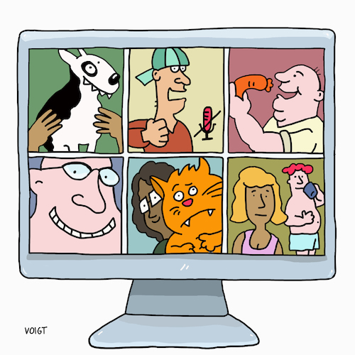 Cartoon: Online Konferenz Zoom (medium) by sabine voigt tagged online,konferenz,zoom,corona,homeoffice,chat,teamviewer,meeting,bro,arbeit,bildschirm,computer,mikrofon,arbeitszeit,krise