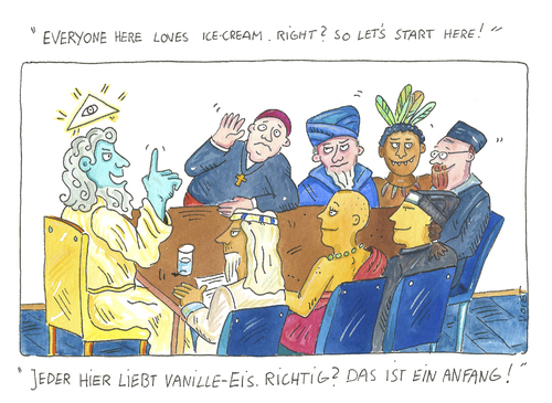 Cartoon: religion Toleranz (medium) by sabine voigt tagged religion,toleranz,glauben,christen,hindus,moslems,yoga