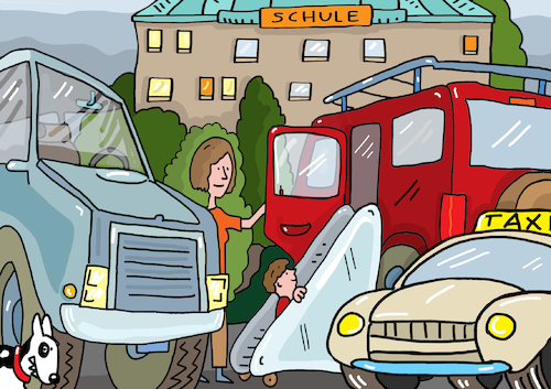 Cartoon: Schule SUV (medium) by sabine voigt tagged schule,suv,mutter,taxi,unterricht,fahrdienst,fahrgemeinschaft,kinder,schulweg,verkehr,selbstständig,grundschule,autos