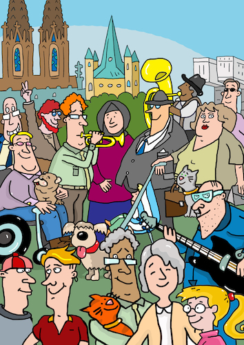 Cartoon: Wimmelbild Gemischte Gruppe (medium) by sabine voigt tagged wimmelbild,gemischte,gruppe,toleranz,gesellschaft,integration,menschen,musik,musiker,gender,köln