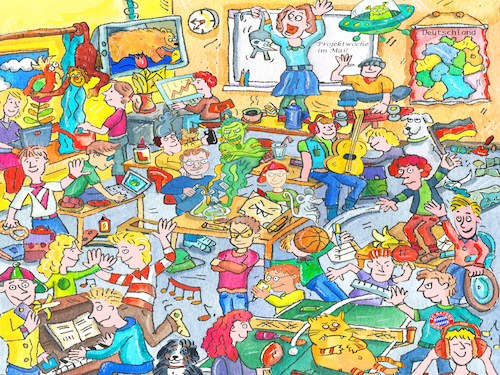 Cartoon: wimmelbild schule (medium) by sabine voigt tagged wimmelbild,schule,klasse,unterricht,klassenzimmer,deutschland,deutsch