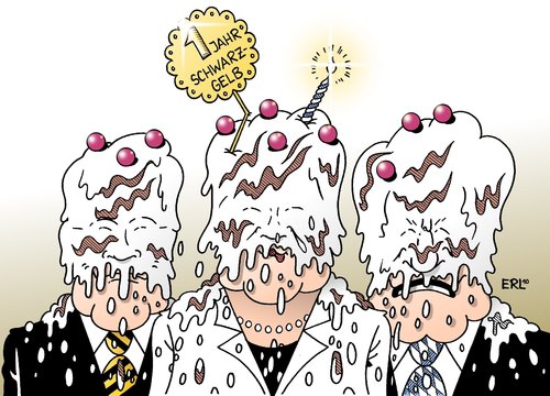 Cartoon: 1 Jahr Schwarz-Gelb (medium) by Erl tagged regierung,koalition,schwarz,gelb,cdu,csu,fdp,merkel,seehofer,westerwelle,zank,nichtstun,unzufriedenheit,murks,geburtstag,torte,regierung,koalition,schwarz,gelb,cdu,merkel,angela merkel,horst seehofer,guido westerwelle,unzufriedenheit,angela,horst,seehofer,guido,westerwelle