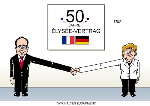 Cartoon: 50 Jahre Elysee-Vertrag (medium) by Erl tagged elysee,vertrag,frankreich,deutschland,freundschaft,50,fünfzig,jahre,achse,paris,berlin,präsident,francois,hollande,bundeskanzlerin,angela,merkel,distanz,elysee,vertrag,frankreich,deutschland,freundschaft,50,fünfzig,jahre,achse,paris,berlin,präsident,francois,hollande,bundeskanzlerin,angela,merkel,distanz