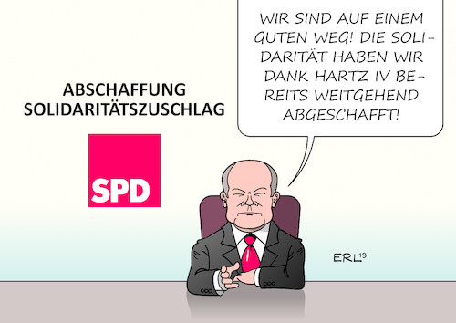 Cartoon: Abschaffung Soli (medium) by Erl tagged politik,finanzen,steuern,finanzminister,olaf,scholz,spd,abschaffung,soli,solidaritätszuschlag,finanzierung,wiedervereinigung,aufbau,ost,sozialpolitik,arbeit,einführung,hartz,iv,entsolidarisierung,gesellschaft,karikatur,erl,politik,finanzen,steuern,finanzminister,olaf,scholz,spd,abschaffung,soli,solidaritätszuschlag,finanzierung,wiedervereinigung,aufbau,ost,sozialpolitik,arbeit,einführung,hartz,iv,entsolidarisierung,gesellschaft,karikatur,erl