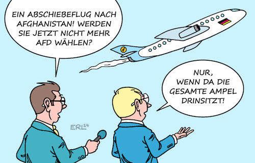 Cartoon: Abschiebeflug (medium) by Erl tagged politik,migration,anschlag,solingen,verschärfung,asylregeln,kürzung,leistungen,asylbewerber,abschiebung,abschiebeflug,straftäter,afghanistan,einfluss,wahl,wahlen,landtagswahl,landtagswahlen,thüringen,sachsen,brandenburg,prognosen,umfragen,wähler,wählerinnen,stimmengewinne,afd,rechtsextrem,bsw,bündnis,sahra,wagenknecht,abstrafung,denkzettel,bundesregierung,ampel,spd,grüne,fdp,karikatur,erl,politik,migration,anschlag,solingen,verschärfung,asylregeln,kürzung,leistungen,asylbewerber,abschiebung,abschiebeflug,straftäter,afghanistan,einfluss,wahl,wahlen,landtagswahl,landtagswahlen,thüringen,sachsen,brandenburg,prognosen,umfragen,wähler,wählerinnen,stimmengewinne,afd,rechtsextrem,bsw,bündnis,sahra,wagenknecht,abstrafung,denkzettel,bundesregierung,ampel,spd,grüne,fdp,karikatur,erl