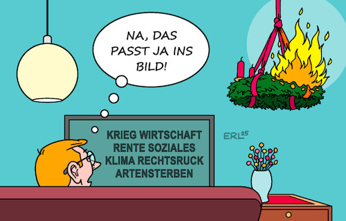 Cartoon: Advent Advent ... (medium) by Erl tagged politik,krieg,wirtschaft,rente,soziales,klima,rechtsruck,artensterben,krisen,advent,adventskranz,feuer,karikatur,erl,politik,krieg,wirtschaft,rente,soziales,klima,rechtsruck,artensterben,krisen,advent,adventskranz,feuer,karikatur,erl