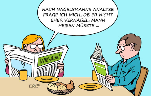 Cartoon: Analyse (medium) by Erl tagged politik,sport,fußball,wm,2026,aus,ausscheiden,deutschland,niederlage,elfmeterschießen,paraguay,bundestrainer,nagelsmann,analyse,augenwischerei,ablehnung,verantwortung,vernagelt,karikatur,erl,politik,sport,fußball,wm,2026,aus,ausscheiden,deutschland,niederlage,elfmeterschießen,paraguay,bundestrainer,nagelsmann,analyse,augenwischerei,ablehnung,verantwortung,vernagelt,karikatur,erl