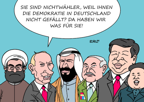 Cartoon: Angebot für Nichtwähler (medium) by Erl tagged politik,wahl,bundestagswahl,2021,nichtwähler,unzufriedenheit,demokratie,deutschland,alternative,autokratie,diktatur,iran,russland,saudi,arabien,belarus,china,nordkorea,karikatur,erl,politik,wahl,bundestagswahl,2021,nichtwähler,unzufriedenheit,demokratie,deutschland,alternative,autokratie,diktatur,iran,russland,saudi,arabien,belarus,china,nordkorea,karikatur,erl