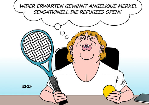 Cartoon: Angelique Merkel (medium) by Erl tagged tennis,australian,open,grand,slam,siegerin,angelique,kerber,sensation,traum,bundeskanzlerin,angela,merkel,flüchtlingskrise,refugees,karikatur,erl,tennis,australian,open,grand,slam,siegerin,angelique,kerber,sensation,traum,bundeskanzlerin,angela,merkel,flüchtlingskrise,refugees,karikatur,erl