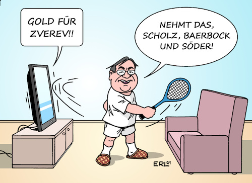 Cartoon: Armin übt Angriff (medium) by Erl tagged politik,sport,olympia,olympische,sommerspiele,tokio,tennis,gold,goldmedaille,alexander,zverev,idol,vorbild,angriff,wahlkampf,union,cdu,csu,kanzlerkandidat,armin,laschet,schlafwagen,wenig,profil,gegner,olaf,scholz,annalena,baerbock,markus,söder,fernsehen,wohnzimmer,tennisschläger,karikatur,erl,politik,sport,olympia,olympische,sommerspiele,tokio,tennis,gold,goldmedaille,alexander,zverev,idol,vorbild,angriff,wahlkampf,union,cdu,csu,kanzlerkandidat,armin,laschet,schlafwagen,wenig,profil,gegner,olaf,scholz,annalena,baerbock,markus,söder,fernsehen,wohnzimmer,tennisschläger,karikatur,erl