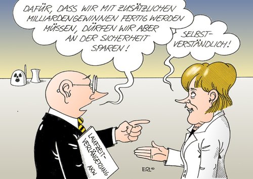 Cartoon: Atomkompromiss (medium) by Erl tagged atomenergie,atomkraftwerk,laufzeit,verlängerung,milliarden,gewinn,sicherheit,sparen,energiekonzern,konzern,merkel,geheim,klausel,vertrag,atomkraftwerk,laufzeit,verlängerung,milliarden,gewinn,sicherheit,sparen,energiekonzern,konzern,angela merkel,vertrag,angela,merkel,atomkraft