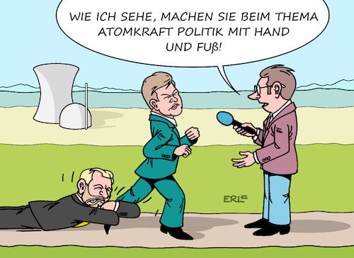 Cartoon: Atomstreit (medium) by Erl tagged politik,energie,energiewende,atomausstieg,krieg,russland,ukraine,gas,knappheit,verteuerung,diskussion,streit,ampel,laufzeit,verlängerung,streckbetrieb,atomkraftwerke,christian,lindner,fdp,robert,habeck,grüne,hand,fuß,karikatur,erl,politik,energie,energiewende,atomausstieg,krieg,russland,ukraine,gas,knappheit,verteuerung,diskussion,streit,ampel,laufzeit,verlängerung,streckbetrieb,atomkraftwerke,christian,lindner,fdp,robert,habeck,grüne,hand,fuß,karikatur,erl