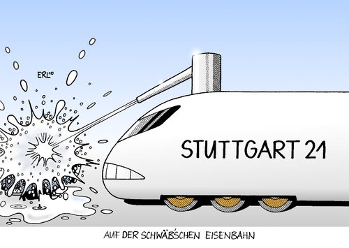 Cartoon: Auf der schwäbschen Eisenbahn (medium) by Erl tagged stuttgart,21,bahnhof,neubau,abriss,protest,räumung,wasserwerfer,zug,bahn,stuttgart 21,demonstration,kinder,schüler,bahn,protest,projekt,stuttgart,21,bahnhof,ministerpräsident,wasserwerfer,baden württemberg,schwaben,baden,württemberg