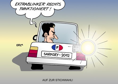 Cartoon: Auf zur Stichwahl! (medium) by Erl tagged wahl,frankreich,nicolas,sarkozy,francois,hollande,stichwahl,präsident,wähler,wählerschicht,front,national,rechtsextrem,marine,le,pen,stimmenfang,auto,blinker,plattfuß,wahl,frankreich,sarkozy,hollande,präsident,wähler,wählerschicht