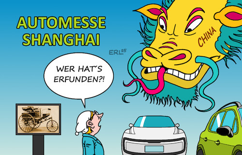 Cartoon: Automesse Shanghai (medium) by Erl tagged politik,auto,automesse,shanghai,elektroauto,china,führung,deutschland,erfindung,benz,motorwagen,karikatur,erl,politik,auto,automesse,shanghai,elektroauto,china,führung,deutschland,erfindung,benz,motorwagen,karikatur,erl