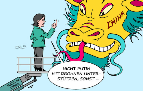 Cartoon: Baerbock droht China (medium) by Erl tagged politik,krieg,russland,ukraine,unterstützung,china,drohnen,warnung,baerbock,abhängigkeit,wirtschaft,karikatur,erl,politik,krieg,russland,ukraine,unterstützung,china,drohnen,warnung,baerbock,abhängigkeit,wirtschaft,karikatur,erl